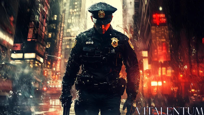Midnight rain crowns a lone city officer in neon resolve