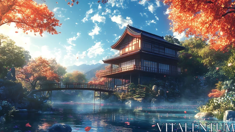 Lakeside Japanese house with bridge under autumn foliage.