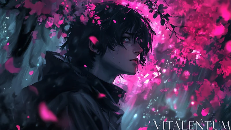 Stormlit petals orbit a brooding boy in neon twilight