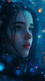 Digital close-up depicts young female face in blue light