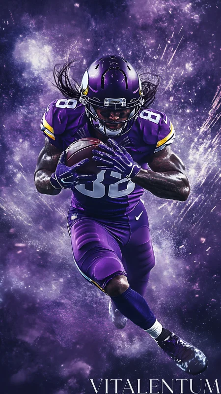 Dynamic grid-locked portrait of purple-clad football runner.