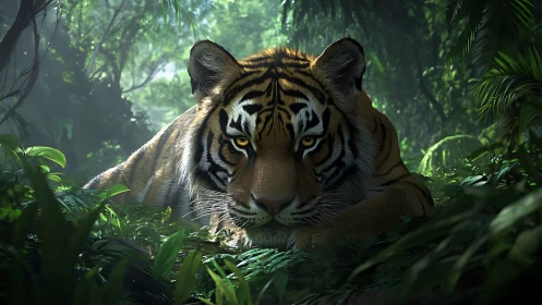 3D jungle tableau with stalking tiger in low, frontal perspective.