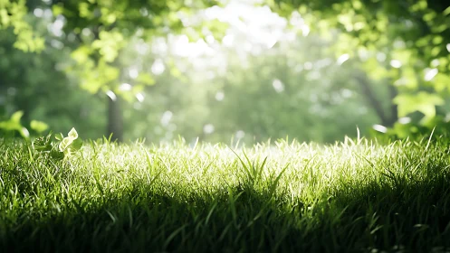 Sunlit green grass with soft bokeh forest background.