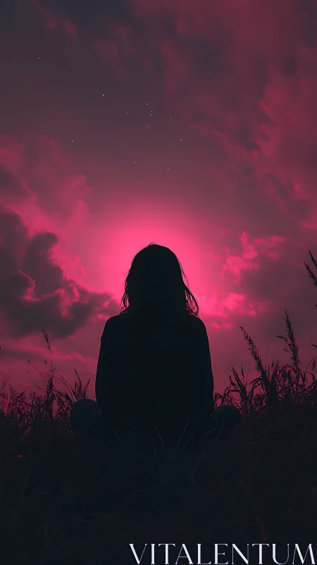Silhouetted figure contemplates a neon magenta twilight sky.
