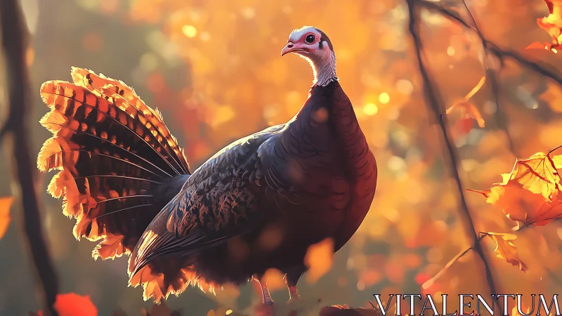 Wild turkey in autumn glow displays vibrant plumage dramatically.