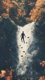 Drifting Through Autumn Mist Above A Dreamlike Waterfall.