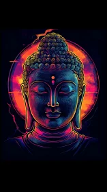 Neon gradient Buddha portrait with halo and vector line engraving