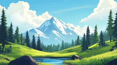 Snow-covered mountain rises above stylized conifer valley