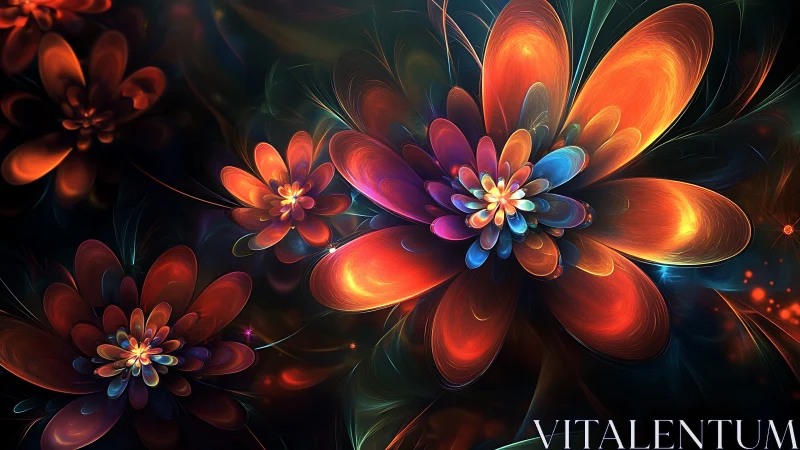 Fractal neon blossoms radiate swirling luminous petals