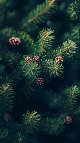 Close view of evergreen conifer branches with small cones.