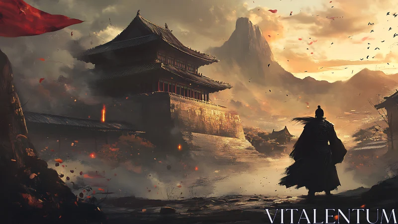 Lone armored warrior approaches misty ancient fortress at dawn.