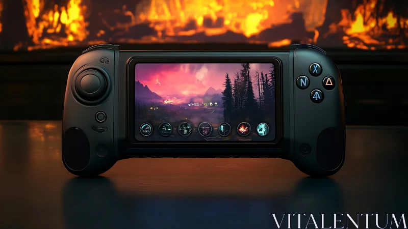 Handheld Gaming Device Displaying Sunset Mountain Landscape
