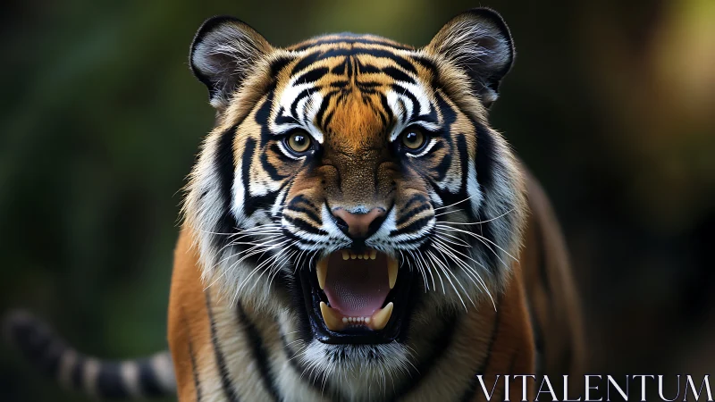 Snarling tiger locks its golden gaze in shadowed jungle light