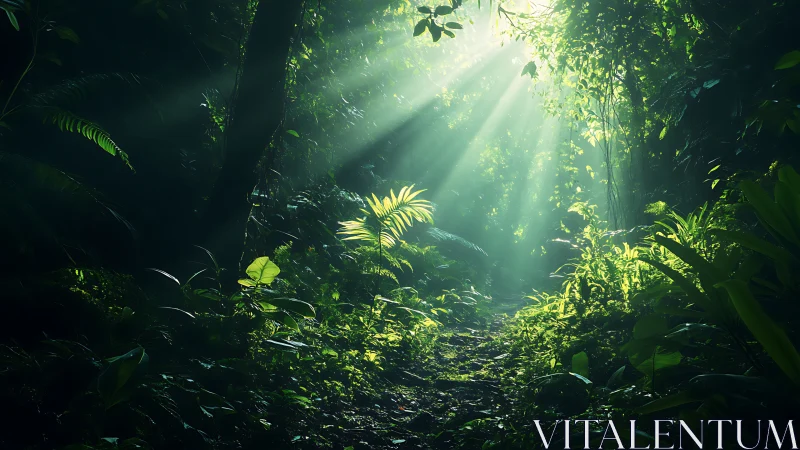 Dense tropical canopy with god rays penetrating layered vegetation architecture