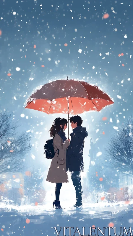 Two Hearts, One Umbrella in Winter Snow.