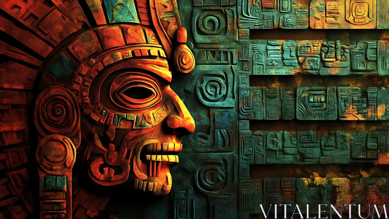 Digital painting of Aztec profile relief with chromatic contrast.