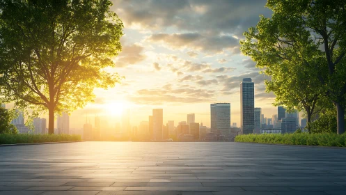Sunrise city skyline viewed from empty tree lined plaza.