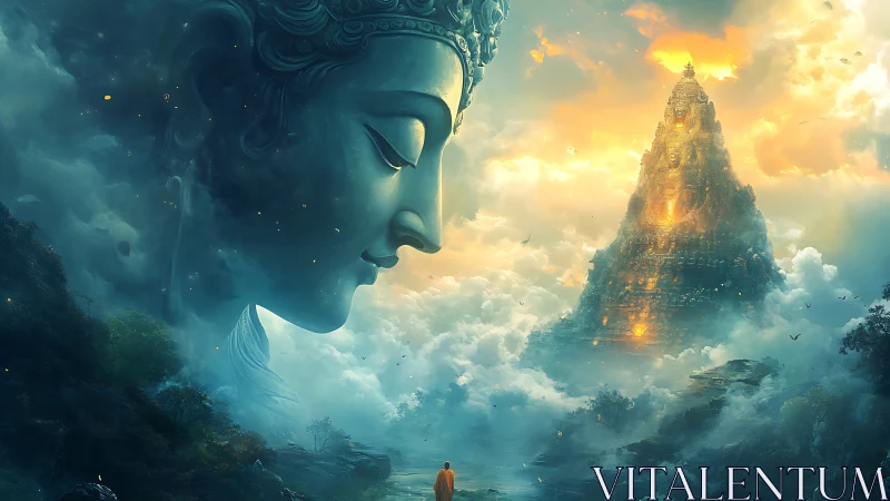 Mystic deity visage above luminous temple peak.