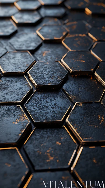 Gleaming hexagon tiles with worn metallic midnight charm.