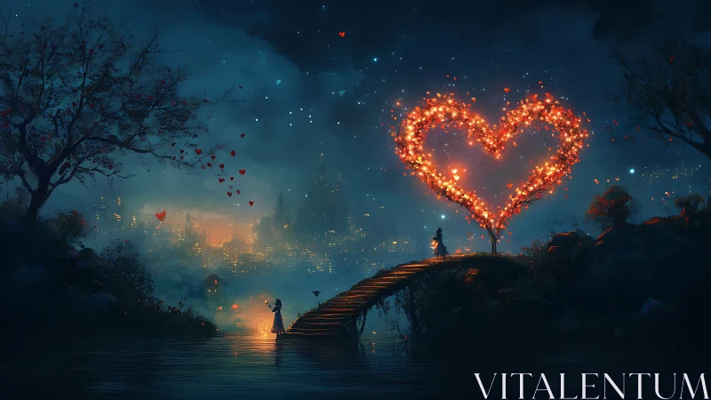 Love's Light: A Glowing Heart Over the Twilight Bridge