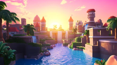 Sunlit pastel river kingdom with waterfalls and towers.