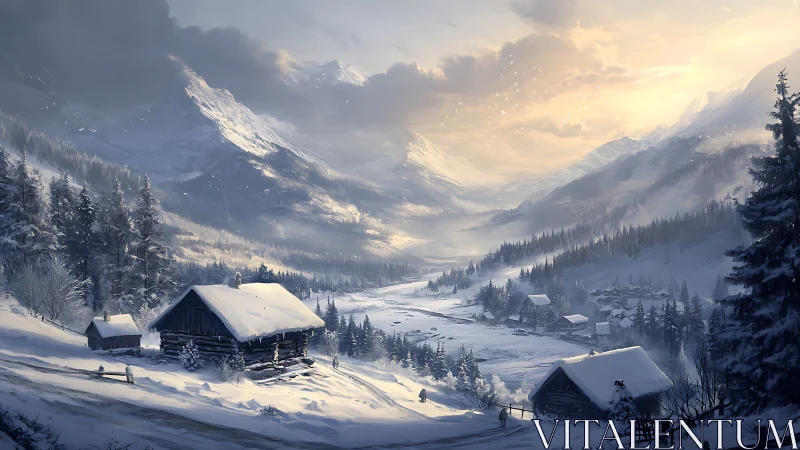 Winter dawn drapes a quiet mountain valley in silver hush