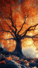 Glowing autumn tree sharing warm light through golden leaves.