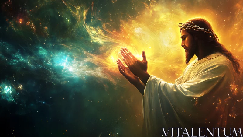 Figure in glowing robe stands before swirling cosmic light