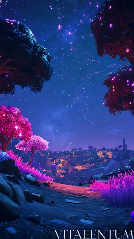 Neon forest path under starry violet night sky.
