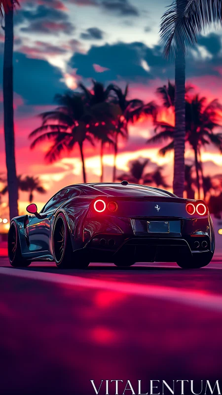 Rear view sports car on palm lined road at sunset.