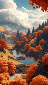 Crimson river valley under wandering autumn clouds.