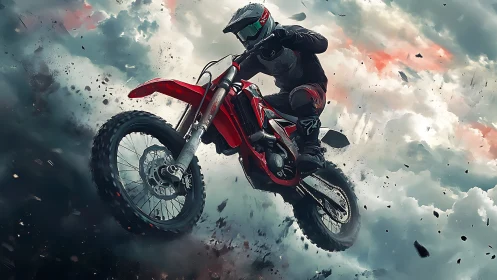 Dynamic motocross jump rendered with dramatic aerial perspective