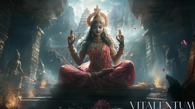Divine woman meditating in ornate temple ruins at dawn.