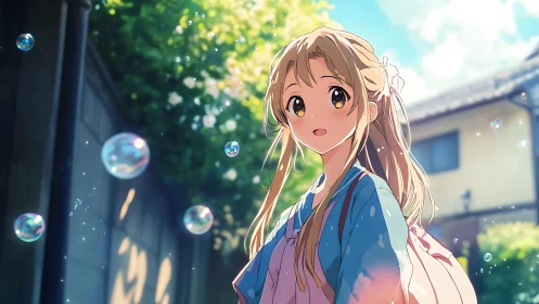 Sunlit alley stroll with bubbles and smiling anime girl.