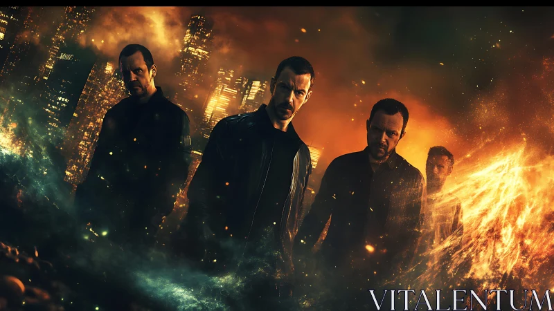 Four men stand in front of a burning futuristic cityscape