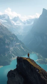 Vertical alpine vista with solitary hiker on promontory ridge.