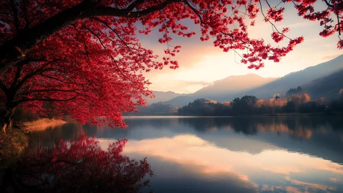 Crimson maple branches frame a tranquil mountain lake at dawn