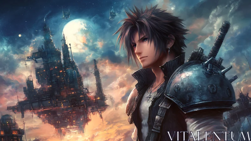 Starlit warrior gazes toward a soaring cyberpunk sky city