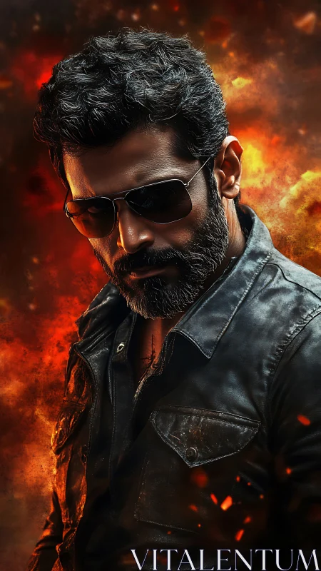 Incandescent antihero in leather amid dynamic firefield backdrop.