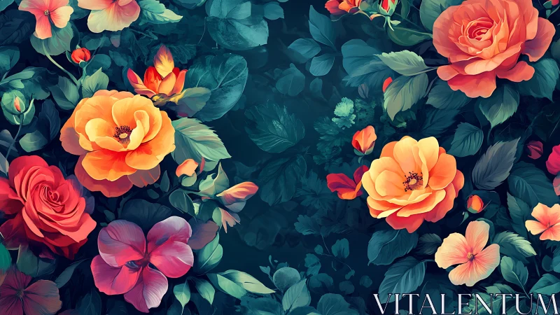 Midnight garden blooms glow in lush teal and ember petals.