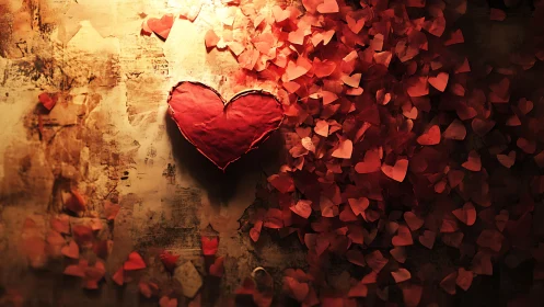 Dimensional Crimson Heart with Cascading Paper Hearts Against Distressed Golden Surface