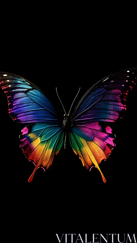 Symmetrical multicolor butterfly rendered on black background