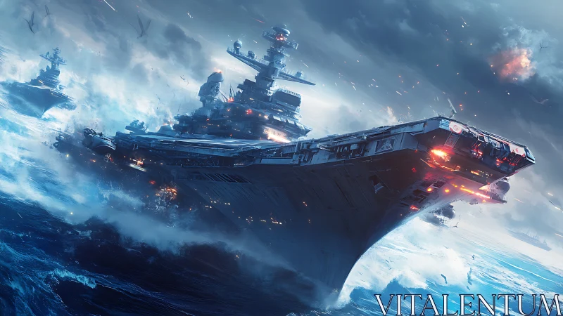 Massive warships advance through turbulent ocean waters