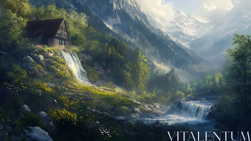Mountain cabin overlooks twin waterfalls under soft dawn light