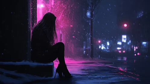 Neon-lit nocturne with lone figure in urban snowfall silhouette.