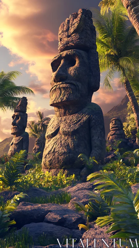 Sunlit island statues keeping quiet watch over the palms.