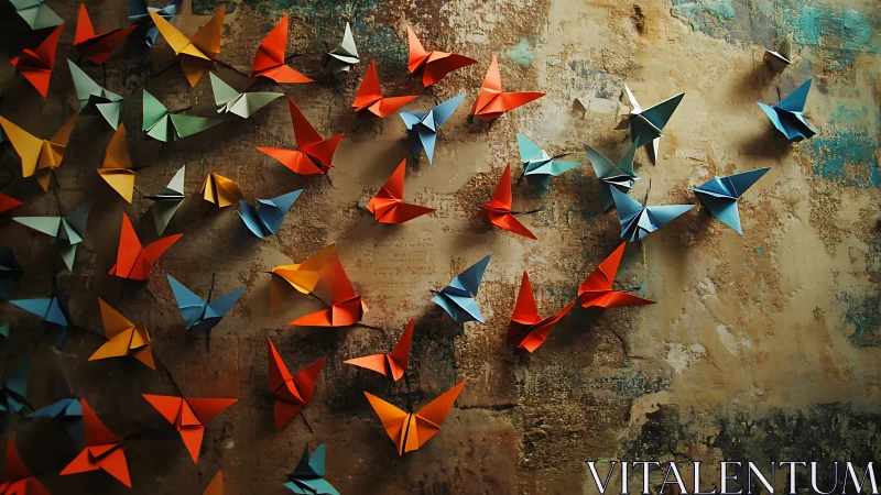 Multiple origami paper birds are arranged on a textured wall