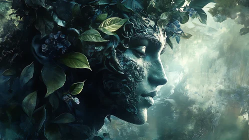 Mythic forest spirit portrait entwined with emerald leaves.