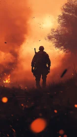 Soldier silhouette in burning landscape under orange sky.