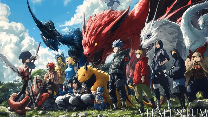 Elemental shinobi lineup with colossal multi-tailed beasts under sky